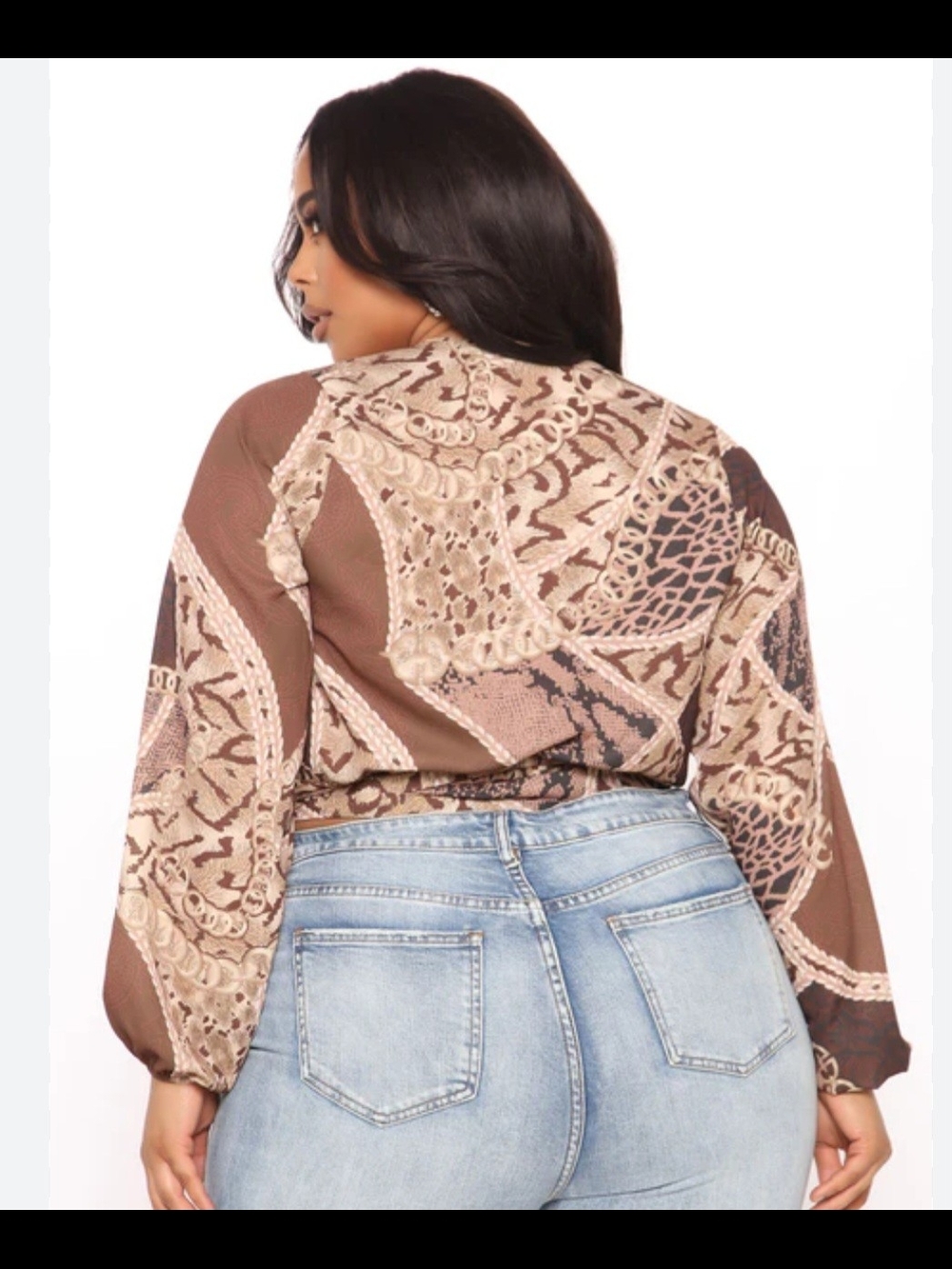Fashion Nova Brown & Beige Patchwork Print Balloon Sleeve Top